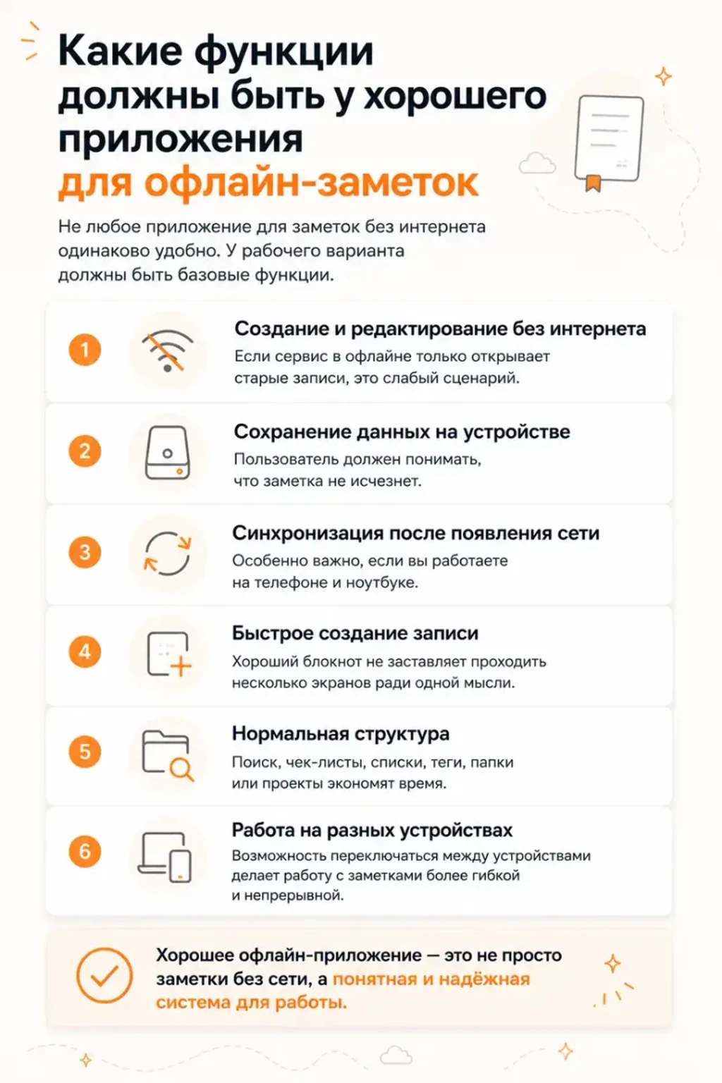 Какие функции должны быть у хорошего приложения для офлайн-заметок